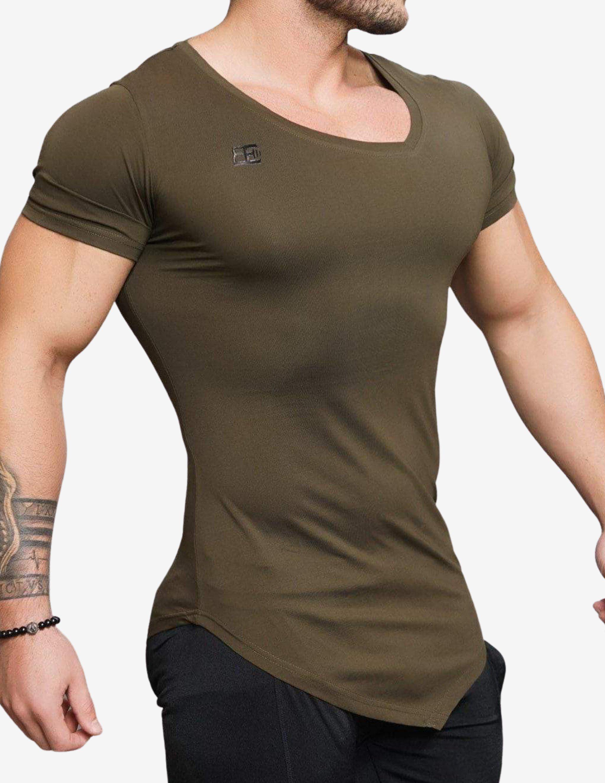 YUREI – asymmetric V neck Army Green-T-shirt Man-Body Engineers-Guru Muscle