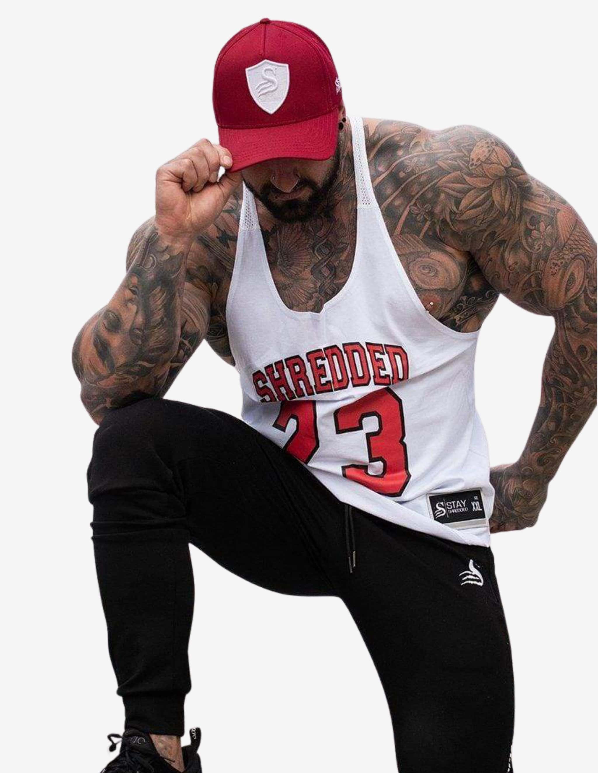 Basketball Stringer - White/Red-Tank Man-Stay Shredded-Guru Muscle