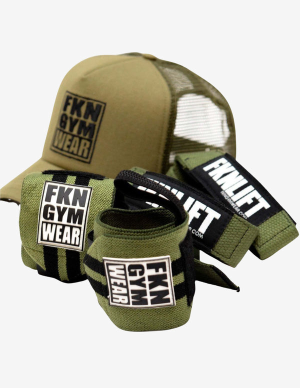 Gym Pack | Khaki Wraps & Straps | Khaki Cap-Accessories Sets-FKN Gym Wear-Guru Muscle