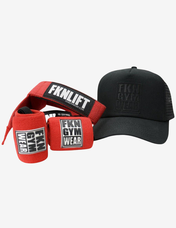 Gym Pack | Red Wraps & Straps | Black Cap-Accessories Sets-FKN Gym Wear-Guru Muscle