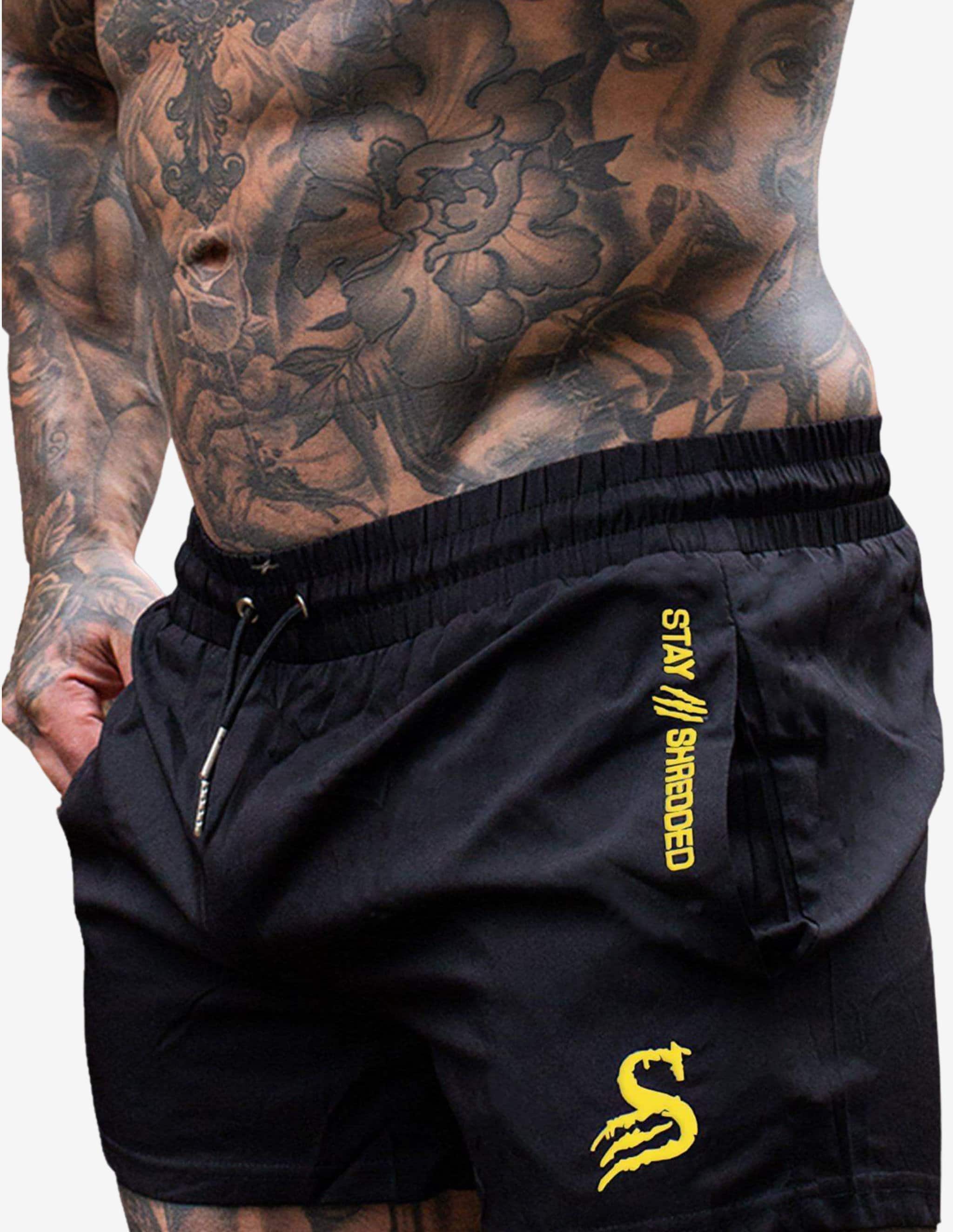 Quads of the Gods - gym lift Lifting Shorts - BLACK / YELLOW-Shorts Man-Stay Shredded-Guru Muscle