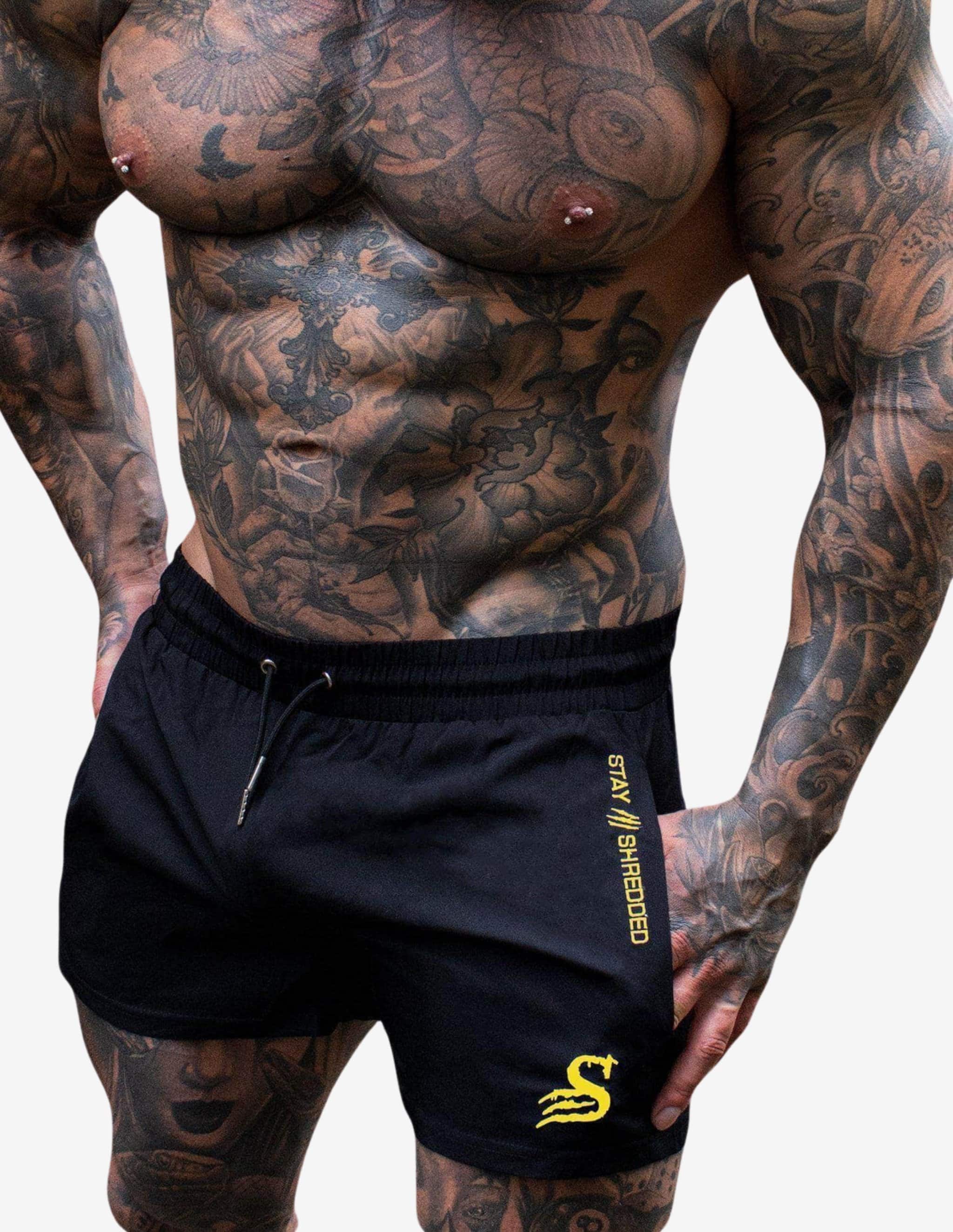 Quads of the Gods - gym lift Lifting Shorts - BLACK / YELLOW-Shorts Man-Stay Shredded-Guru Muscle