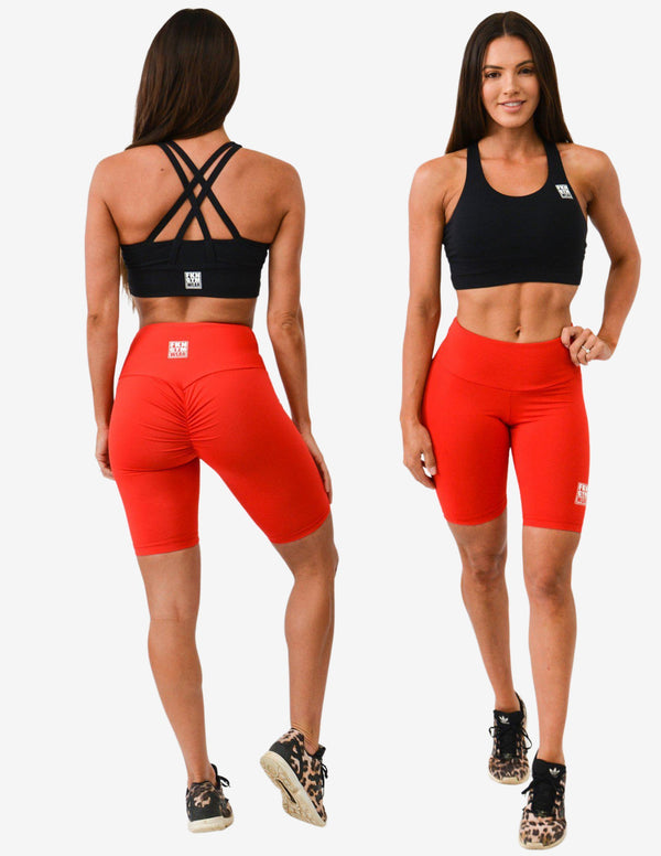 Workout Set | Black Crop Top & Red Scrunch Bum Bike Shorts-Women Sets-FKN Gym Wear-Guru Muscle