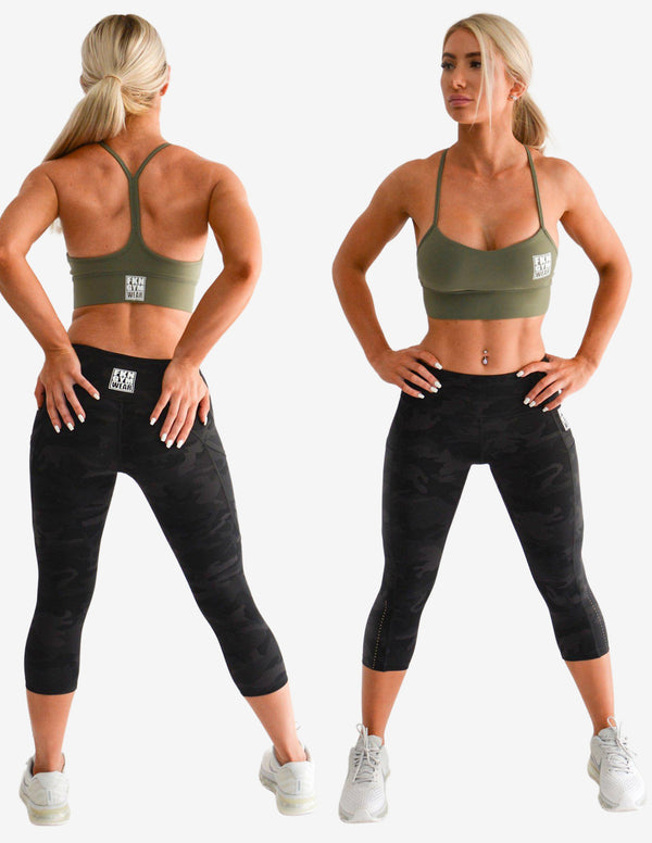 Workout Set | Super Khaki Crop & 7/8 Camo Black Leggings-Women Sets-FKN Gym Wear-Guru Muscle
